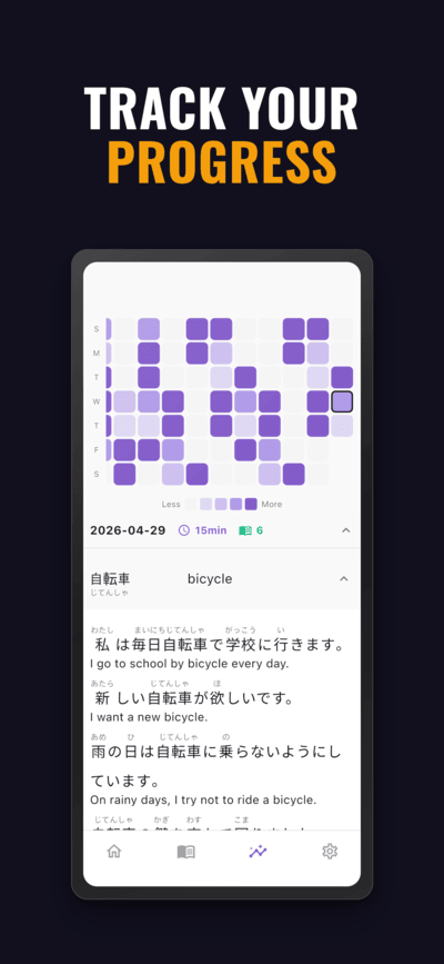 Study history heatmap and the word 自転車 (bicycle) with example sentences